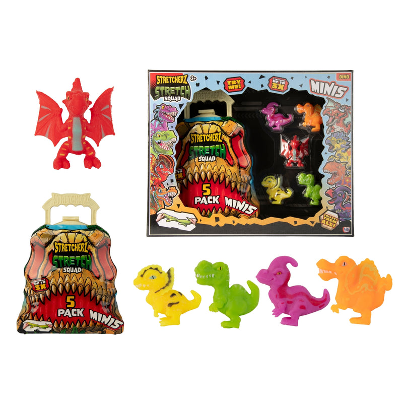 Collection of Stretchy Squad mini figures with packaging on a white background