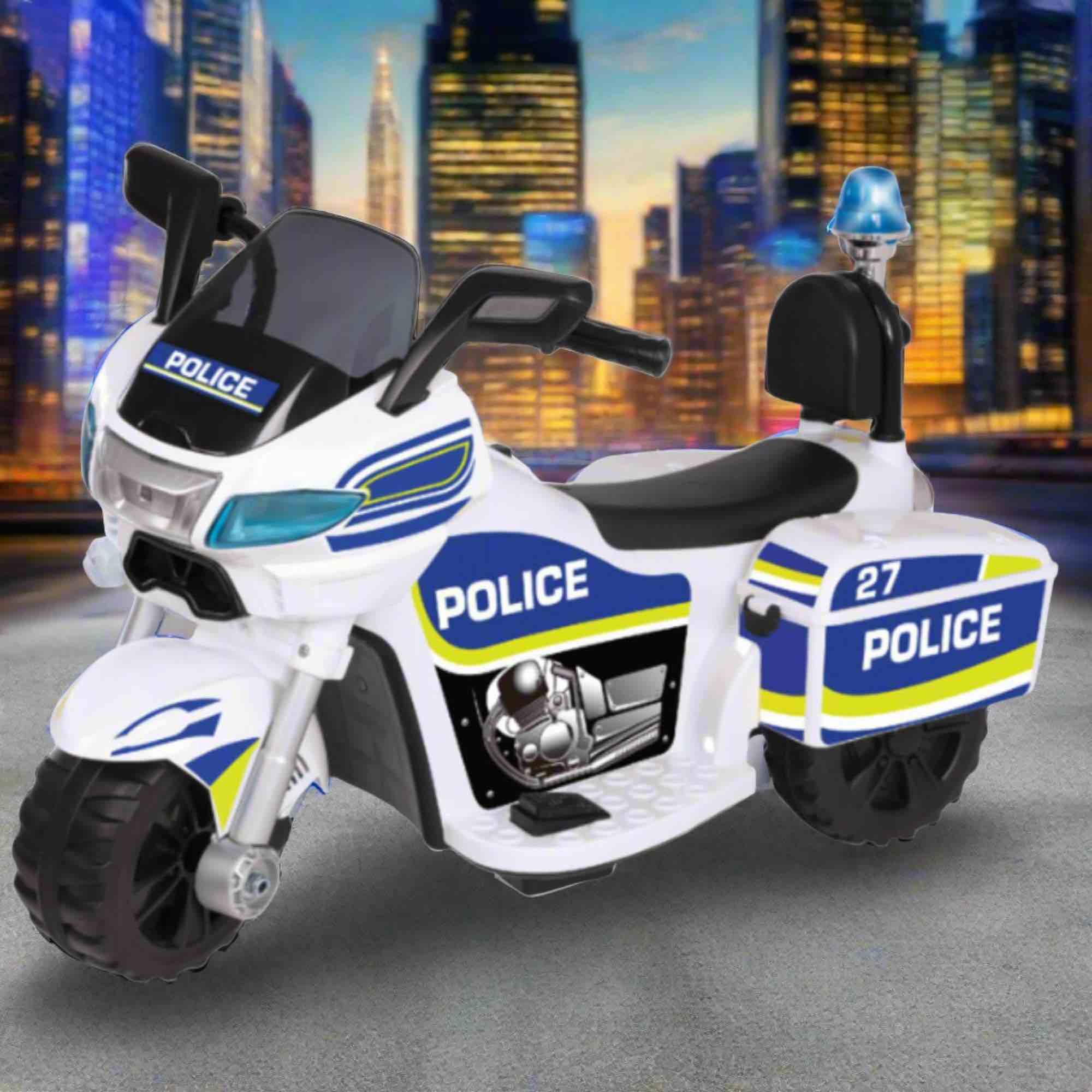 EVO Police Sport Bike Ride On for ages 2+, featuring a realistic police bike design with flashing lights and authentic sounds, durable frame, wide stable wheels, and easy-grip handles for safe and exciting outdoor play.