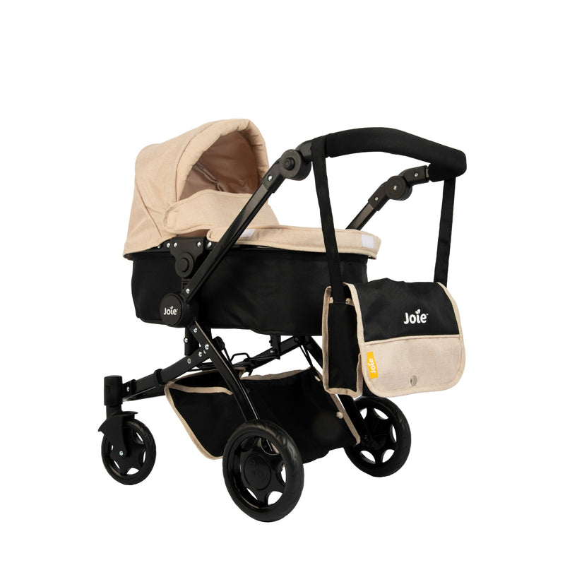 Beige and black baby stroller with Joie branding with an adjustable handle height and multiple play positions.