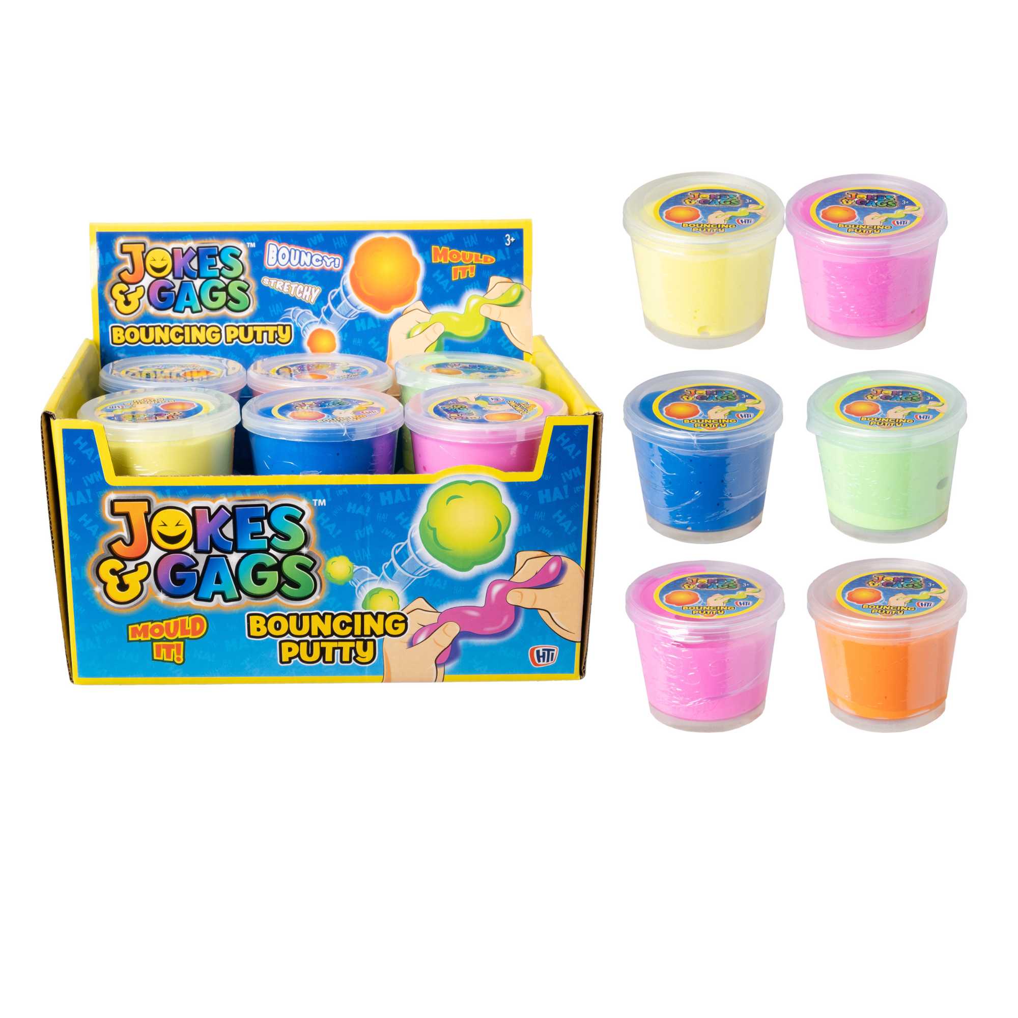 Collection of Bouncing Putty in a display box, showcasing 12 units with 6 vibrant colors, perfect for creative play and stress relief