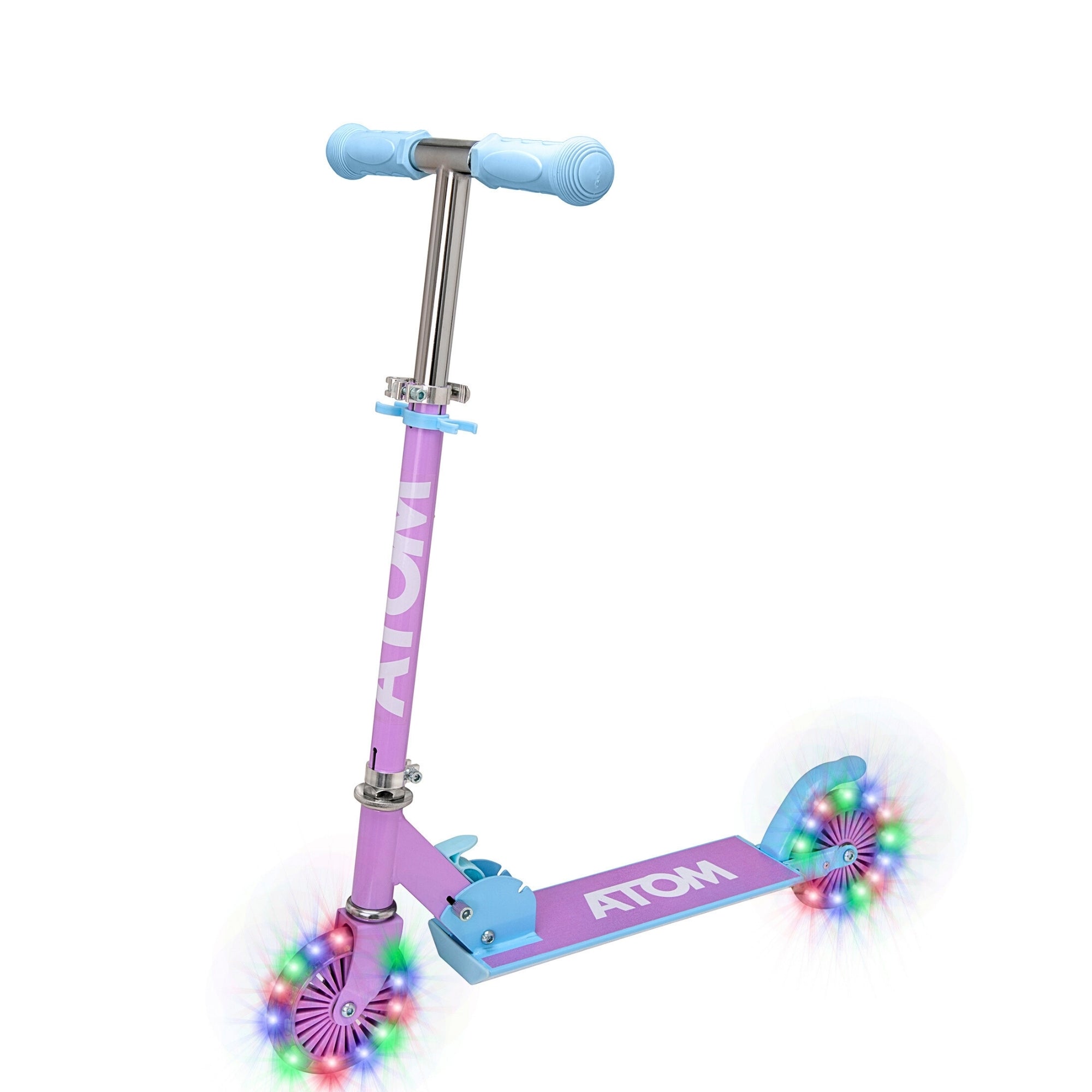 ATOM Light-Up Inline Scooter in Lilac – 2-Wheel Folding Kids Scooter with LED Flashing Wheels and Adjustable Handlebar for Ages 5+