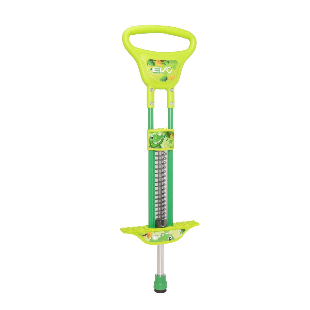 EVO Light Up Pogo Stick featuring bright colorful lights, sturdy frame, non-slip footpads, and comfortable handlebars, perfect for kids&#39; active outdoor play and exercise.