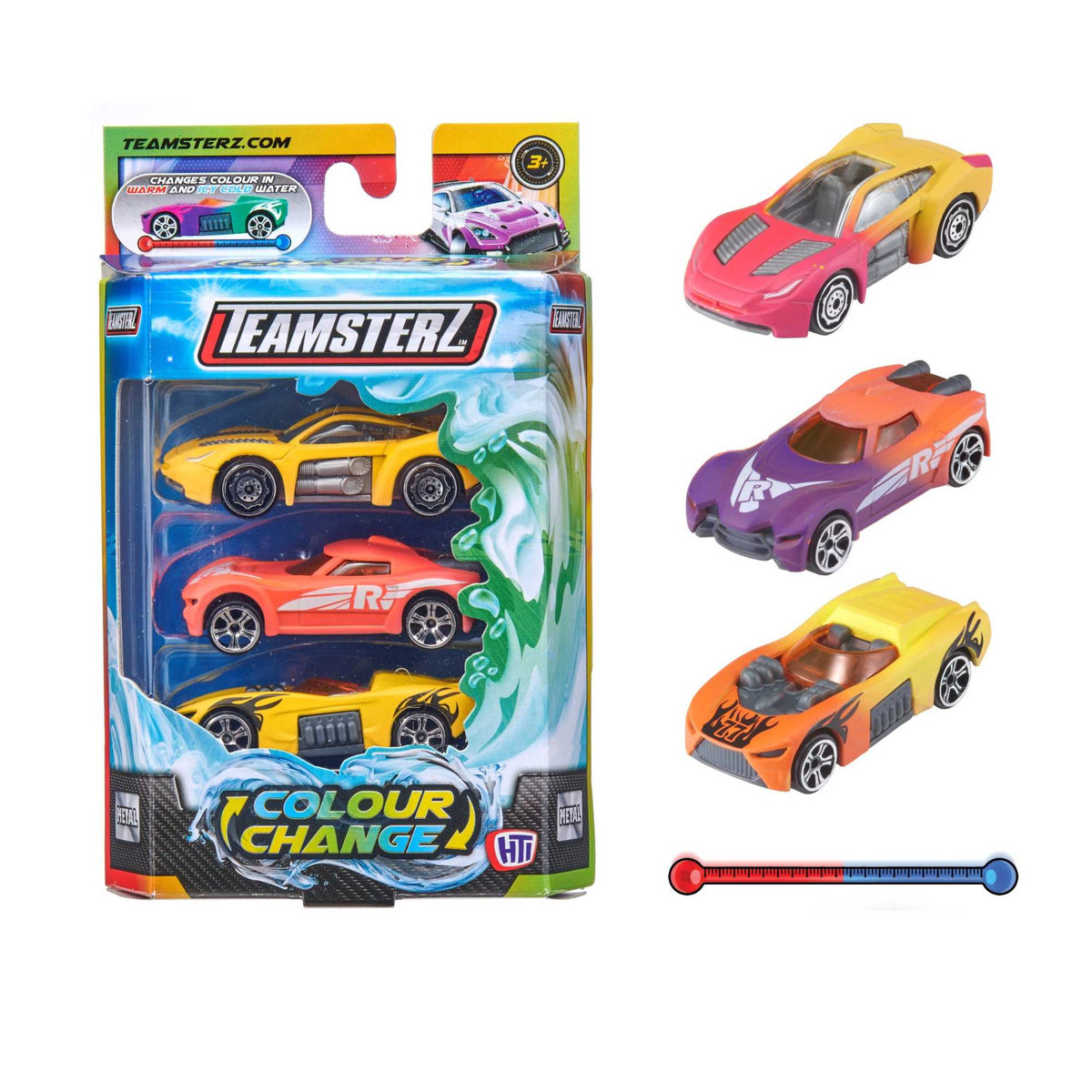 Teamsterz 3 Pack of Colour Changing Cars, featuring cars that change color with water, perfect for kids&#39; imaginative play and educational fun.