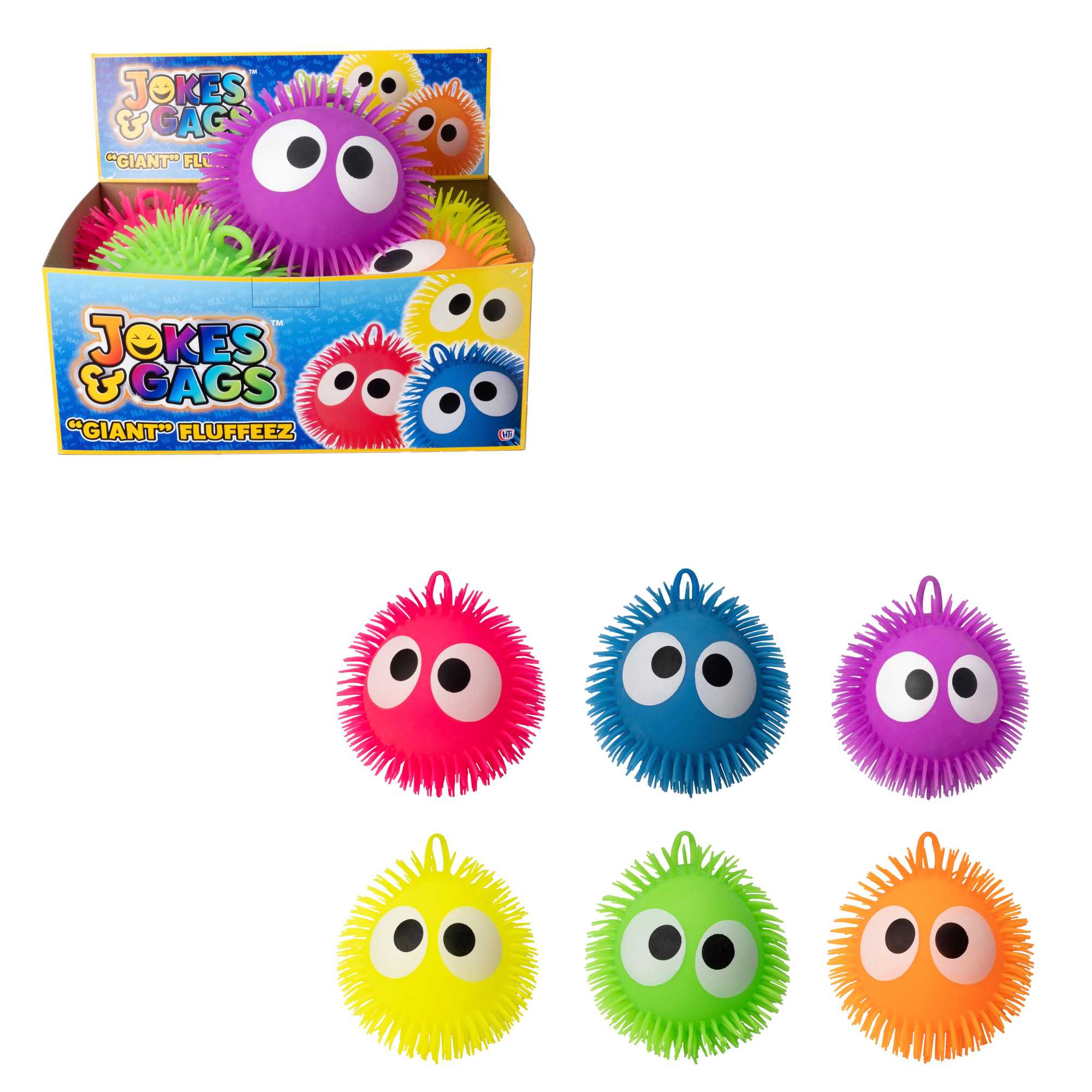 Collection of Fluffeez Balls in a display box, featuring 12 soft and fluffy balls in 6 vibrant colours, perfect for play and relaxation