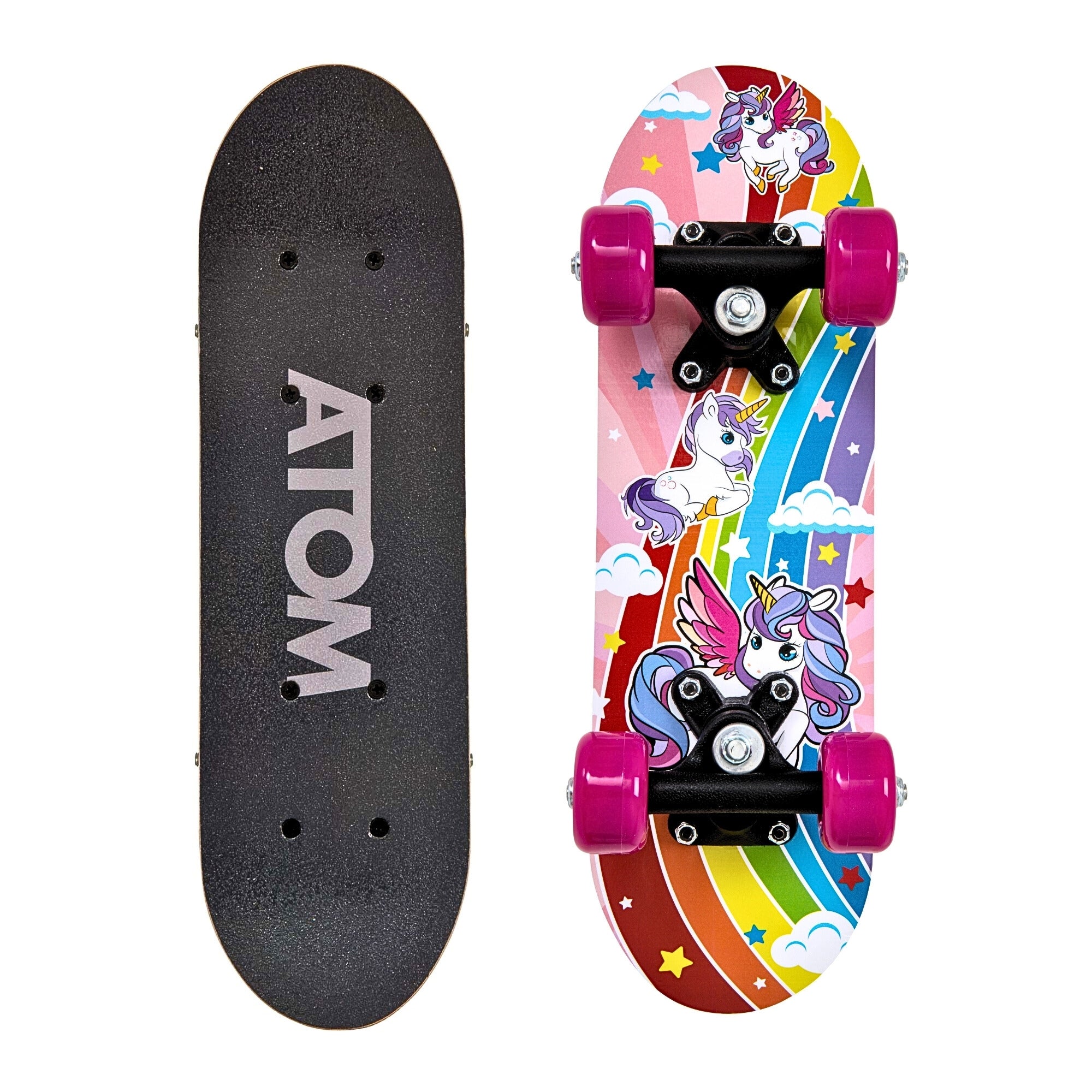 ATOM 17 inch Unicorn Skateboard for Kids – Beginner Mini Skateboard with Colourful Deck and Grip Tape.