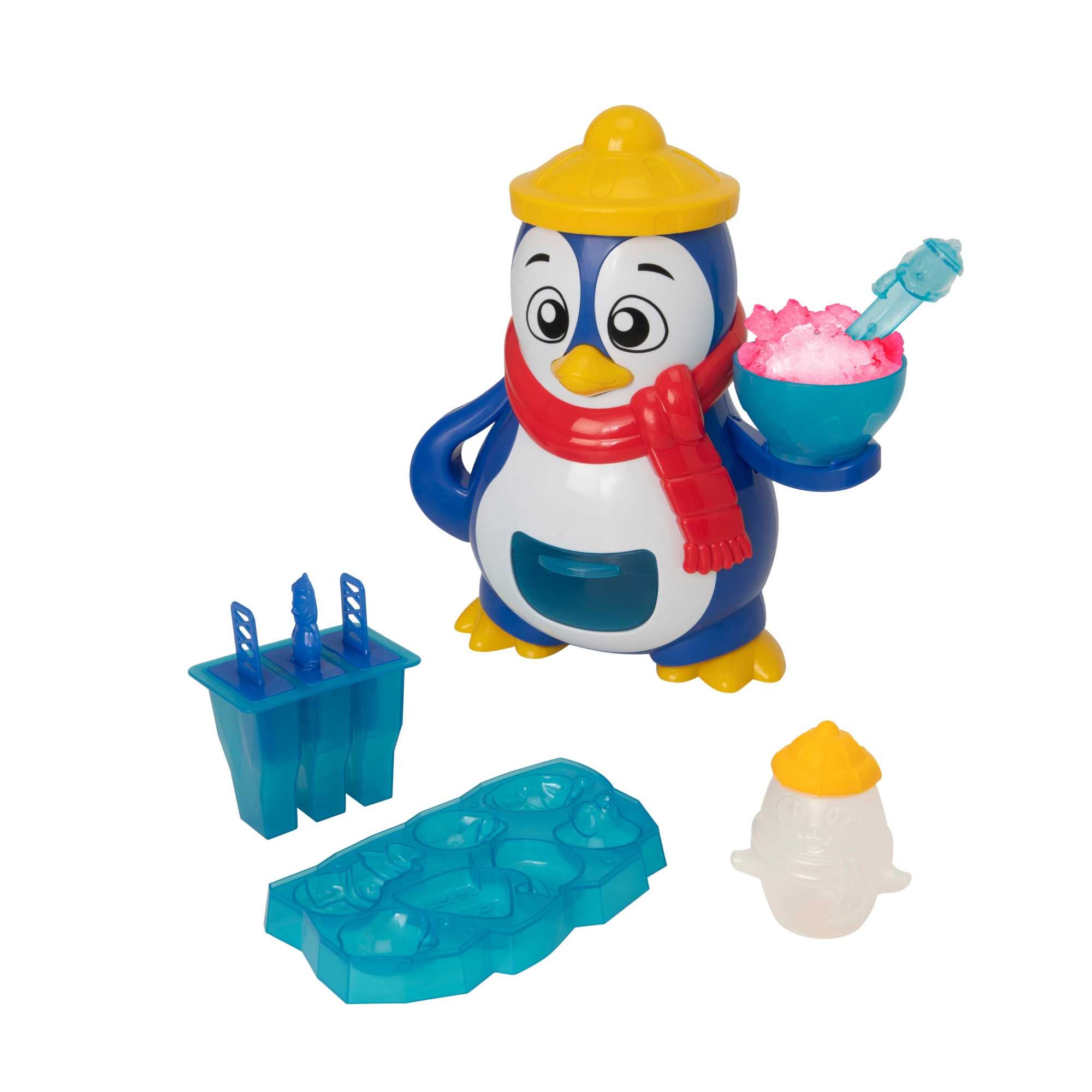Polar Penguin Ice Maker Toy Set featuring a penguin-shaped ice crusher, ice lolly moulds, ice cube tray, and a bottle for syrups. Perfect for kids, this fun and educational set allows them to create delicious frozen treats, promoting creativity and learning about the science of freezing. 