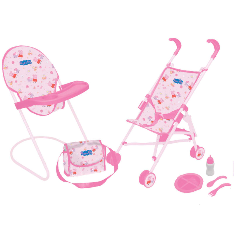 Peppa Pig Nursery Bundle - 7 Piece Playset: A colourful Peppa Pig-themed toy set including a high chair, stroller, Feeding set, perfect for toddlers' imaginative play and doll care.