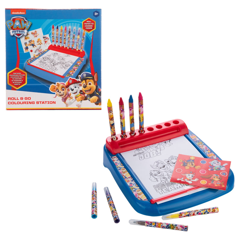 Paw Patrol roll & go colouring station with colouring book, pencils, and holder on a white background