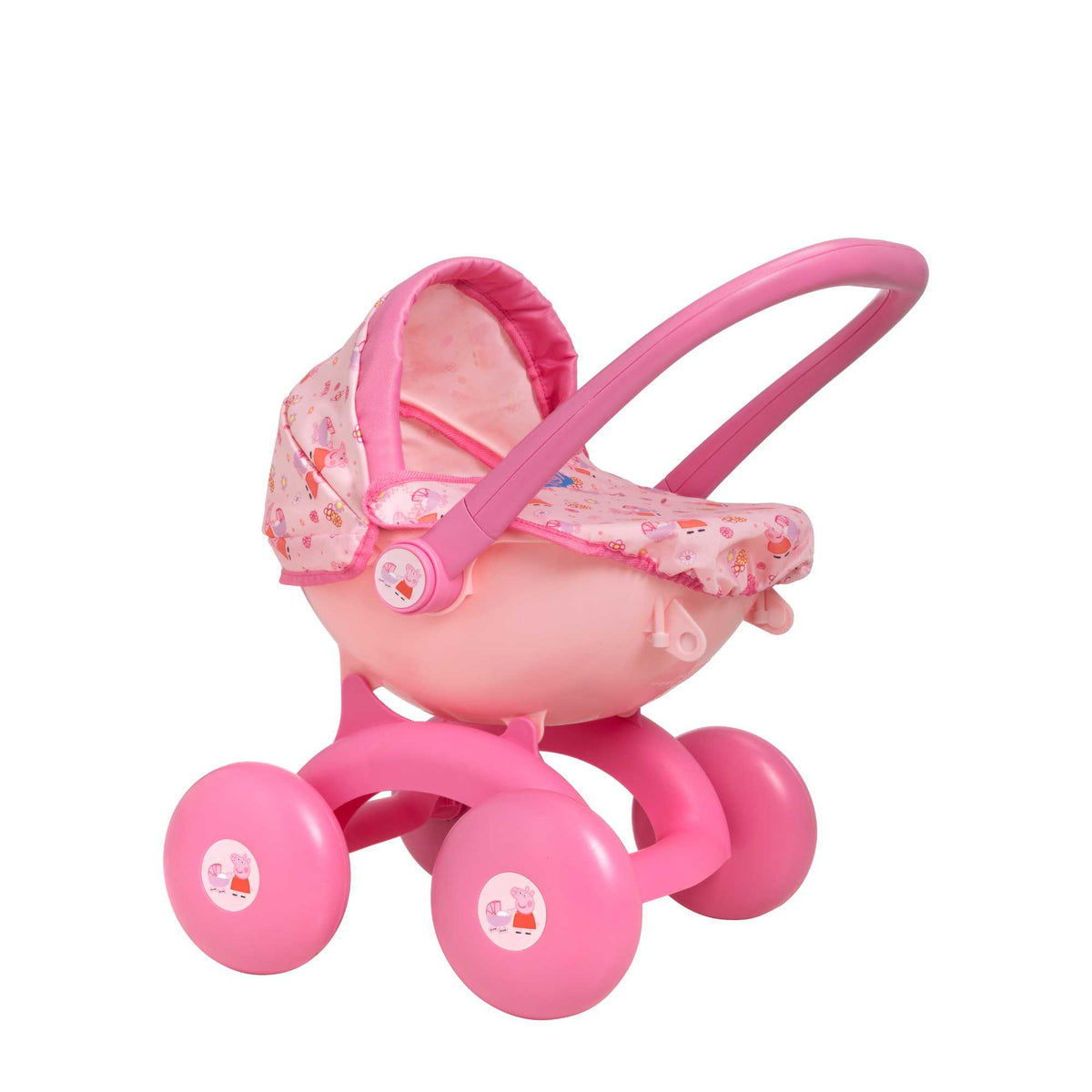 Peppa Pig 4-IN-1 My First Pram: A pink and white toy pram featuring Peppa Pig graphics, designed for toddlers with four versatile play modes, perfect for imaginative play and doll carrying.
