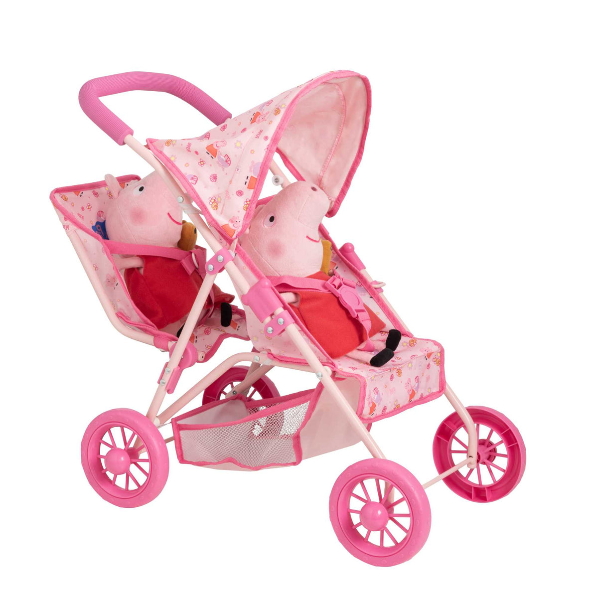 Peppa Pig Tandem Twin Doll Stroller: A pink double stroller with Peppa Pig graphics, designed for carrying two dolls side by side, ideal for toddlers and imaginative play.