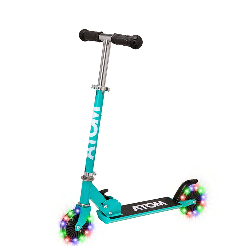 ATOM Light-Up Inline Scooter in Teal – 2-Wheel Folding Kids Scooter with LED Flashing Wheels, Adjustable Handlebar, and Rear Brake for Ages 5+