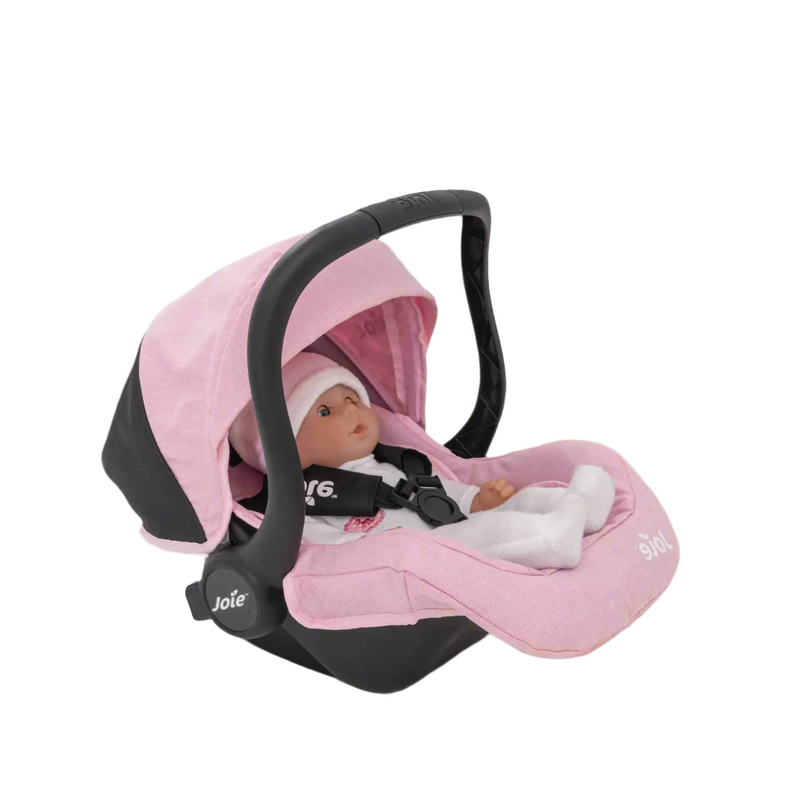 Joie I-Gemm Dolls Car Seat in pink and black, featuring a realistic design with secure harness, padded interior, and carry handle, perfect for children to safely transport their dolls during playtime
