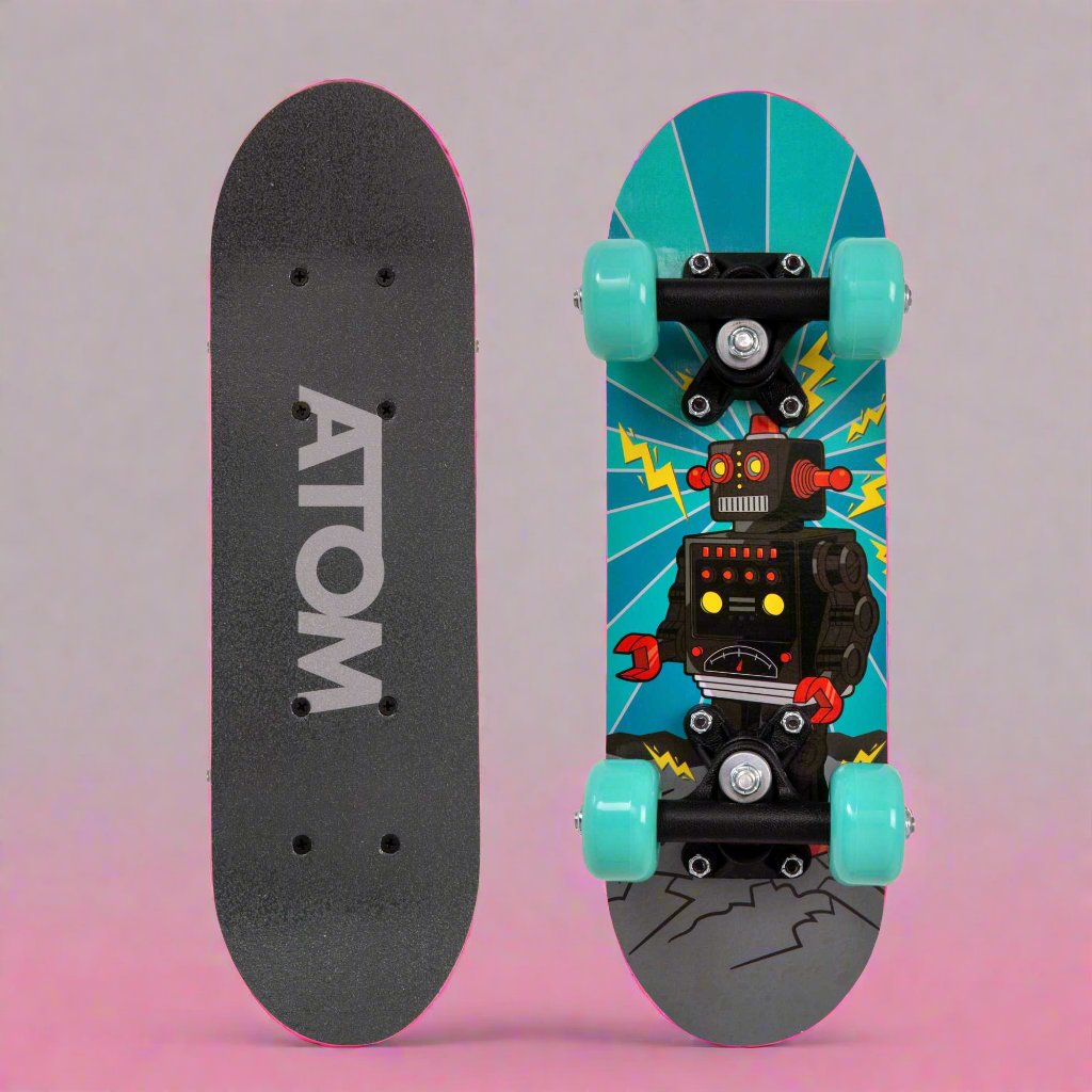 ATOM 17-inch Children&#39;s Skateboard with a vibrant graphic design, durable deck, and smooth-rolling wheels, ideal for young beginners learning to skateboard.