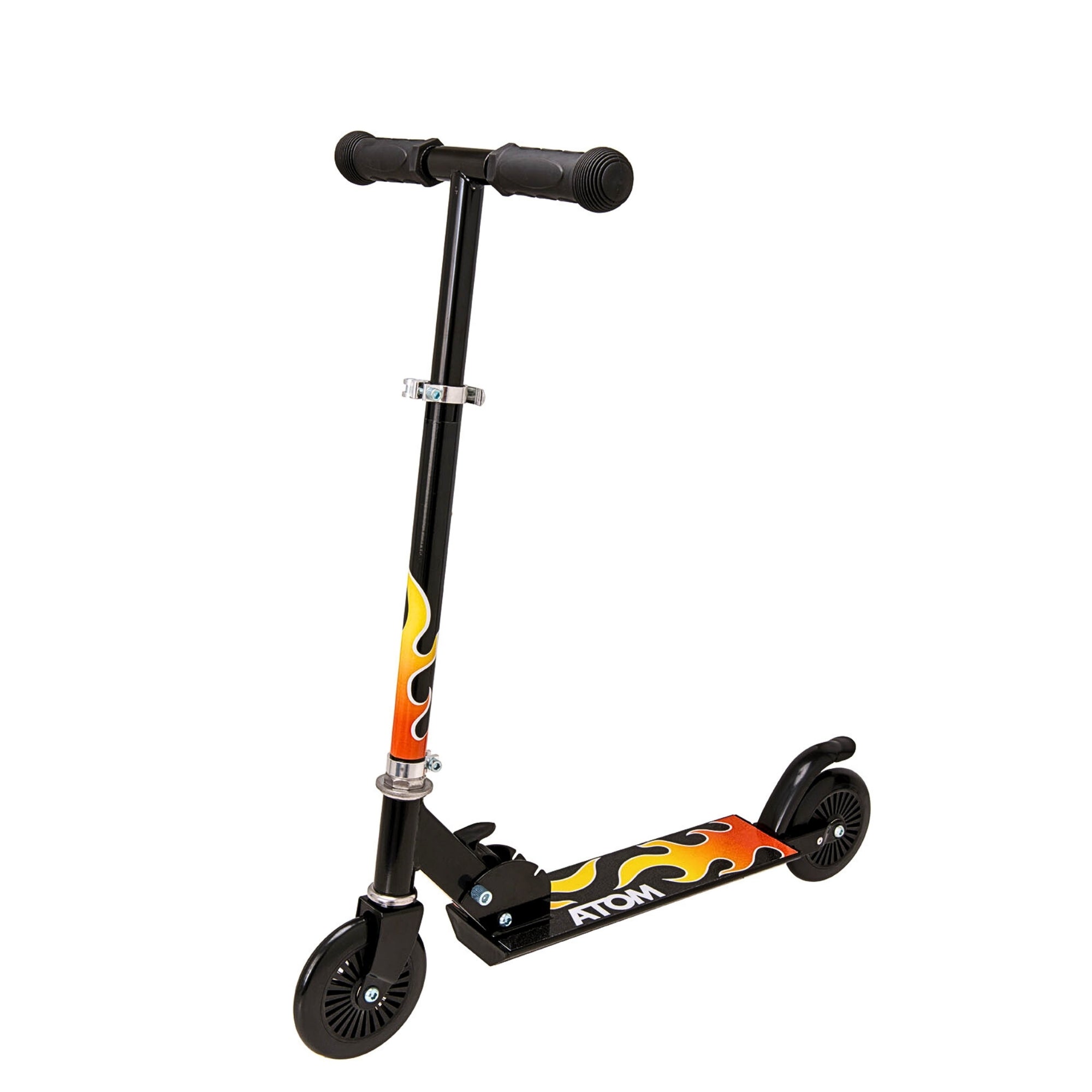 ATOM Inline Scooter with Flames Design – 2-Wheel Folding Kids Scooter with Adjustable Handlebar and Rear Brake for Ages 5+