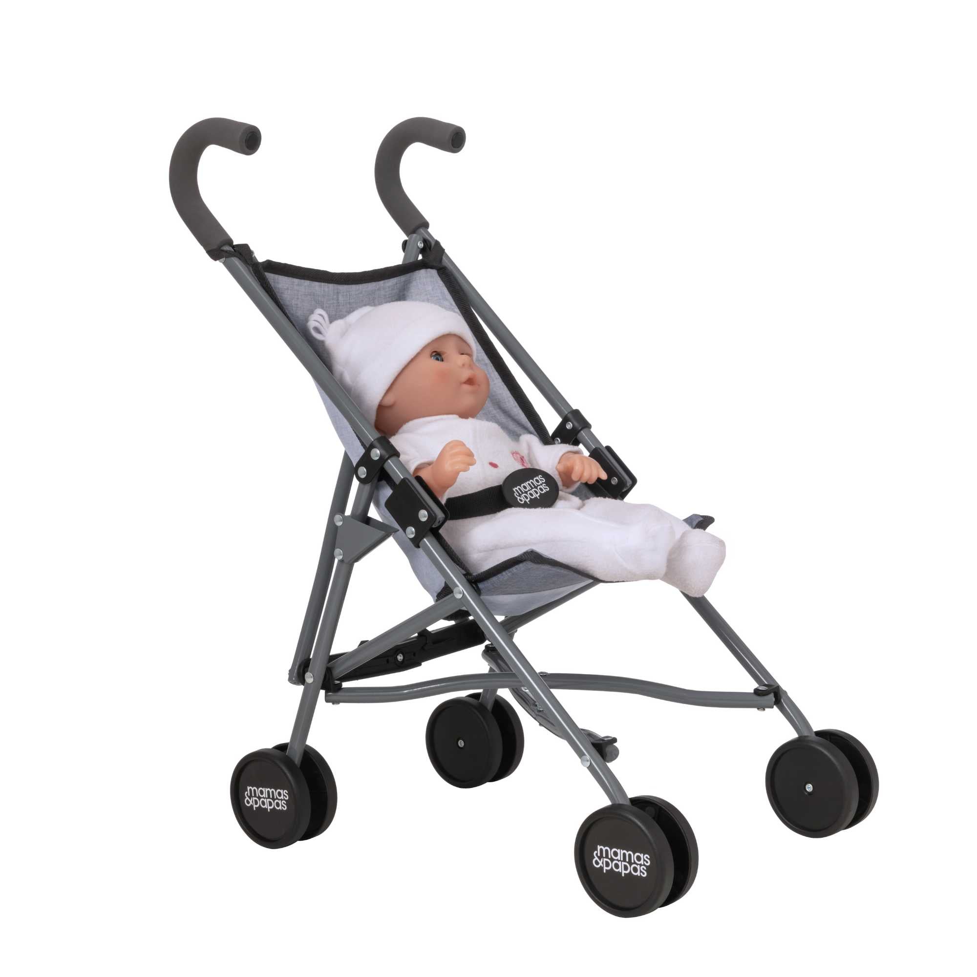 Mamas & Papas Junior Doll Stroller in grey, featuring a foldable and lightweight design for easy storage and portability, ideal for children's imaginative play with dolls.