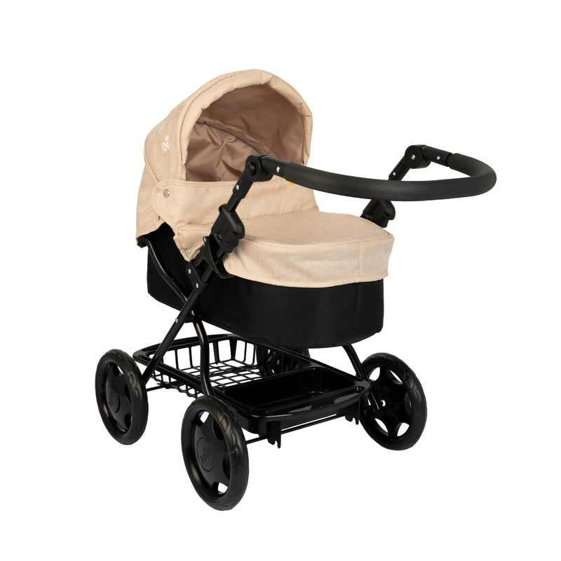 Joie Cherish Dolls Pram in Stone & Black, with an adjustable handle height, removable apron and adjustable canopy
