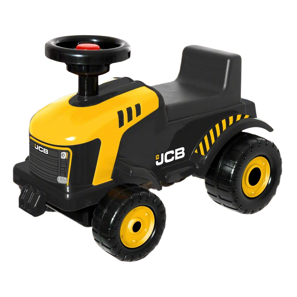 EVO JCB Fastrac Foot to Floor Children's Ride-On for toddlers aged 1 and up, featuring a realistic construction design, wide wheelbase, and foot-to-floor propulsion for safe and imaginative play.