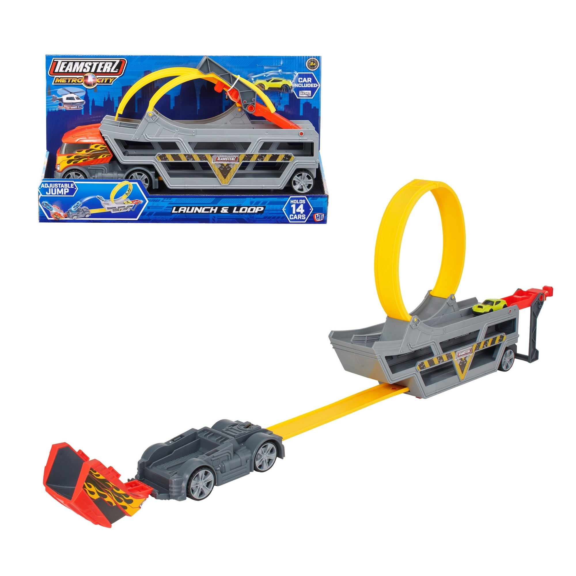 Kids Racing Toy – Teamsterz Launch & Loop Transporter with Adjustable Track and Storage for 14 Cars
