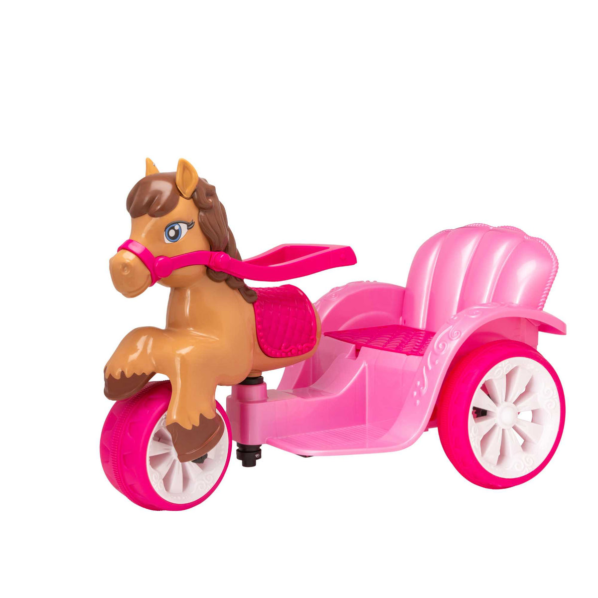 A whimsical EVO Electric Pony Carriage Ride-On Toy. The toy is shown in an outdoor garden setting, highlighting its enchanting design and sturdy construction.