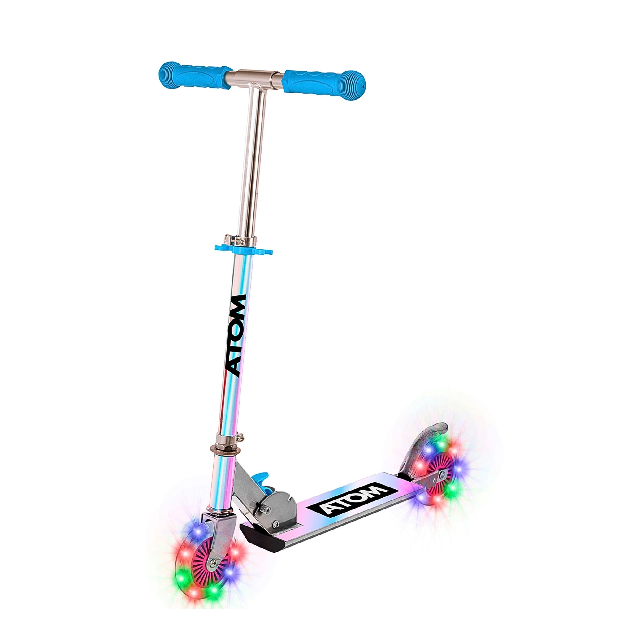 ATOM Light-Up Inline Scooter in Holographic Finish – 2-Wheel Folding Kids Scooter with LED Flashing Wheels for Ages 5+.