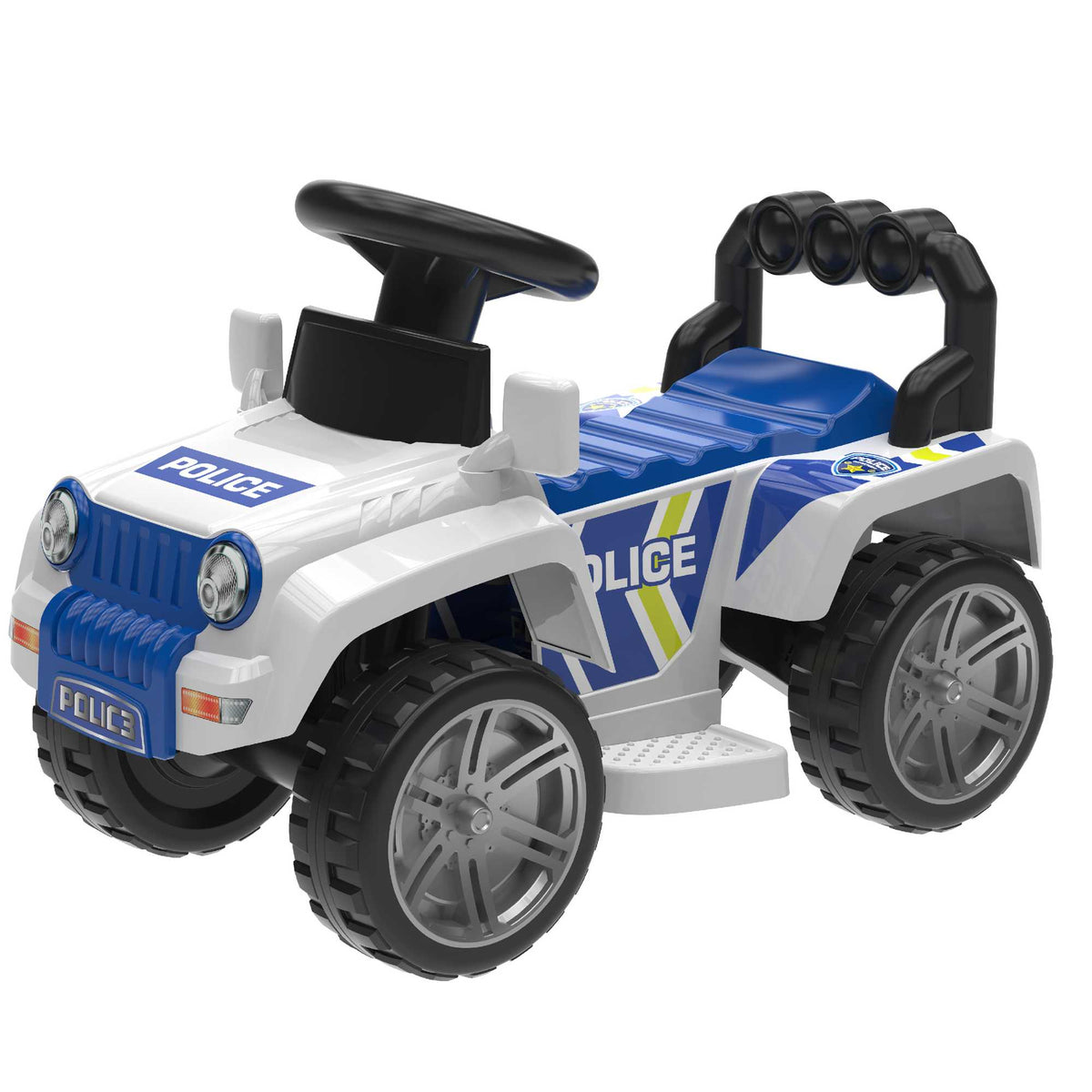 Image of the EVO Children&#39;s Electric Ride-On 4x4 Police Truck Toy. The sturdy 4x4 truck is shown in an outdoor setting, highlighting its robust build and adventure-ready capabilities for young heroes.