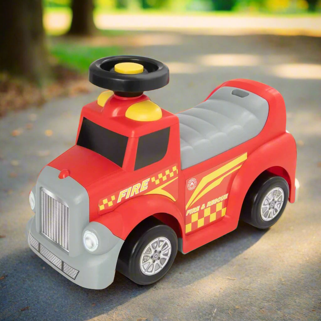 EVO Foot 2 Floor Ride-On Fire Engine for children aged 1 and up, featuring a vibrant red design, wide wheelbase, and foot-to-floor propulsion for safe and imaginative play.