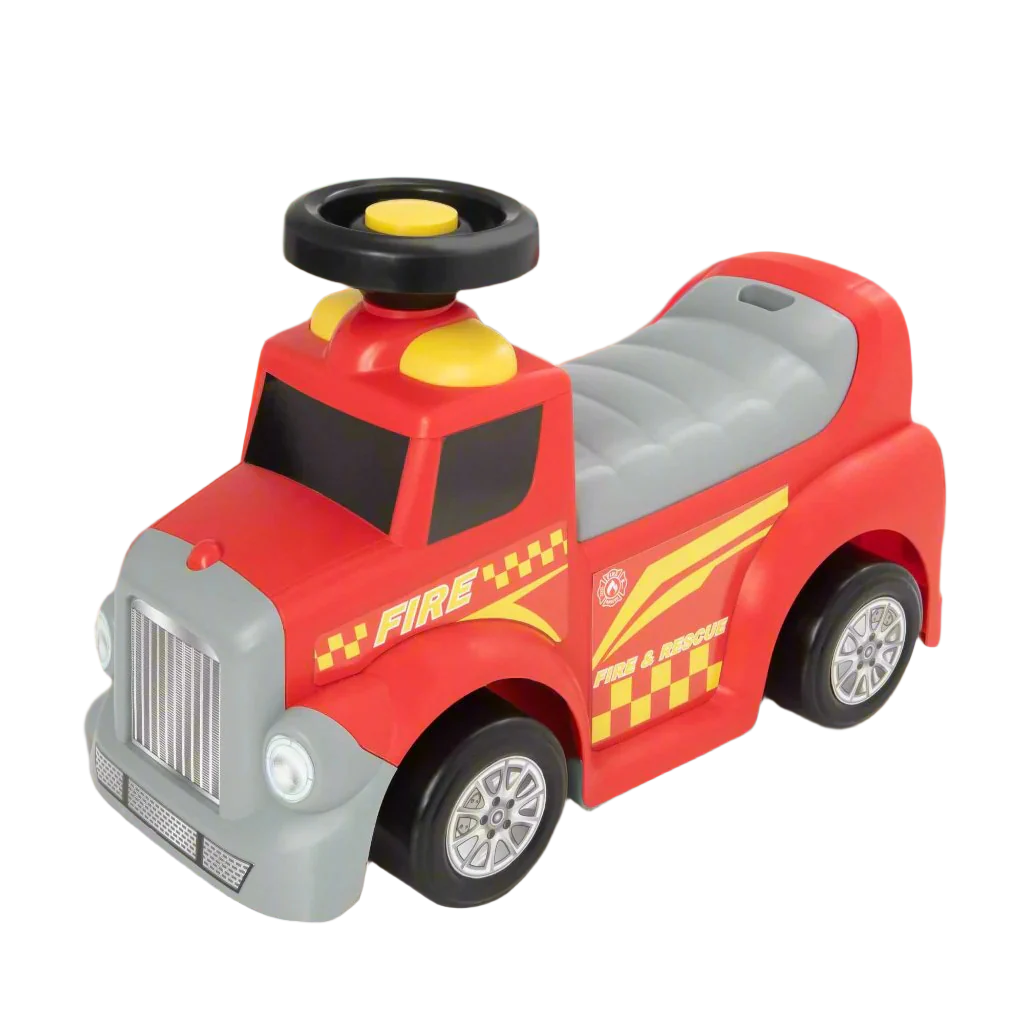 EVO Foot 2 Floor Ride-On Fire Engine for children aged 1 and up, featuring a vibrant red design, wide wheelbase, and foot-to-floor propulsion for safe and imaginative play.