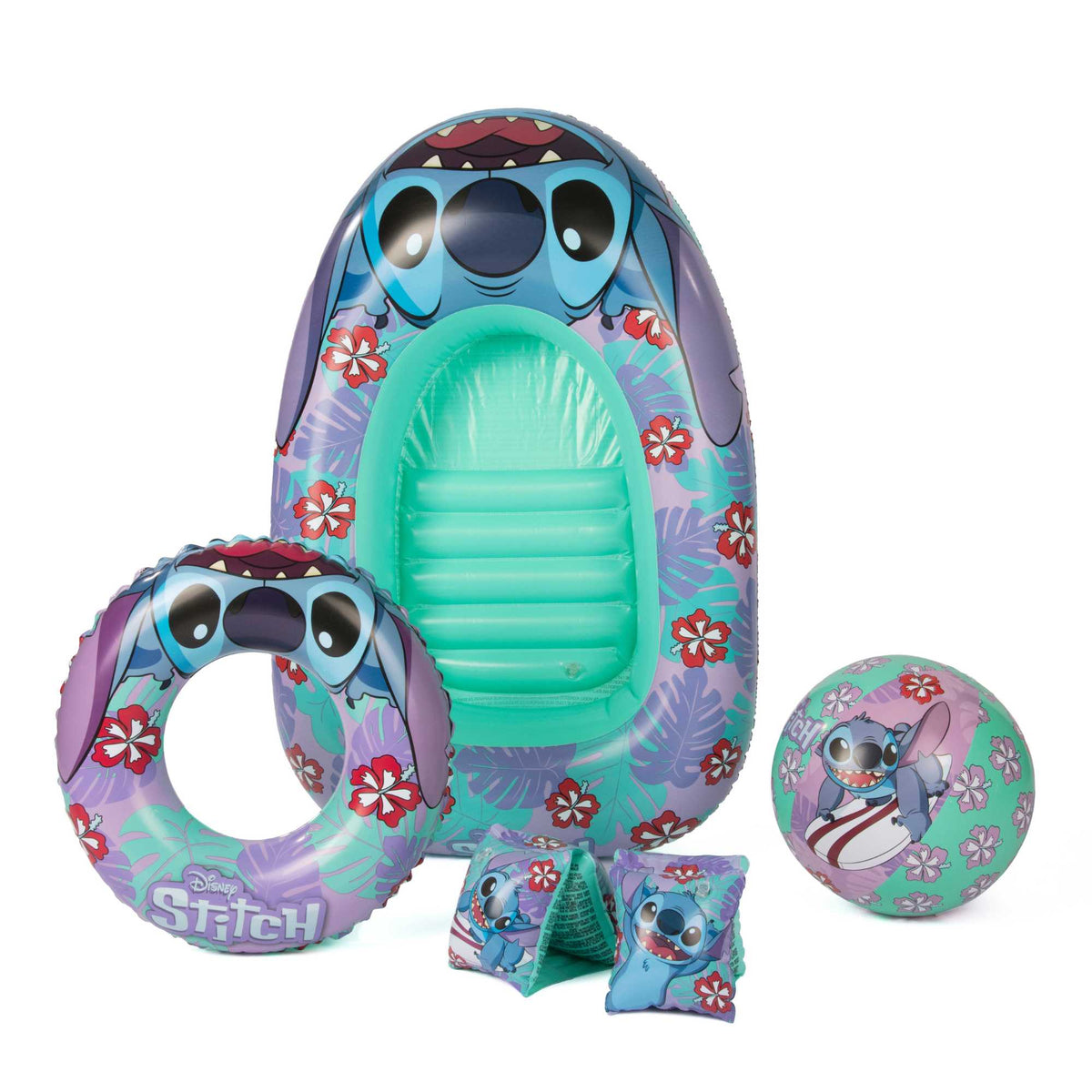 Stitch Swim Set including a vibrant swim ring, armbands, inflatable beach ball, and boat, featuring colorful Stitch designs, perfect for pool and beach fun for kids.