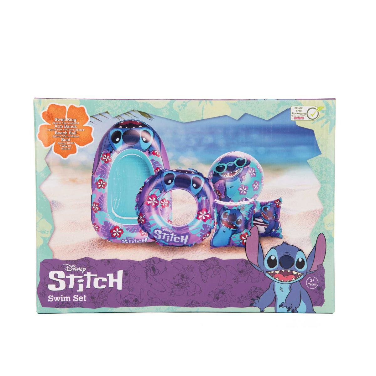 Stitch Swim Set including a vibrant swim ring, armbands, inflatable beach ball, and boat, featuring colorful Stitch designs, perfect for pool and beach fun for kids.