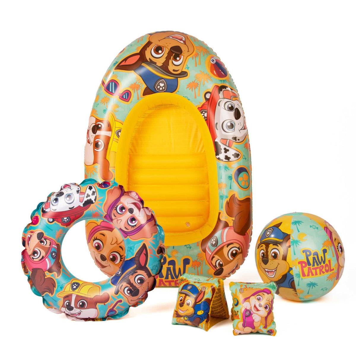 Paw Patrol Swim Set including a vibrant swim ring, armbands, inflatable beach ball, and boat, featuring colorful Paw Patrol designs, perfect for pool and beach fun for kids.