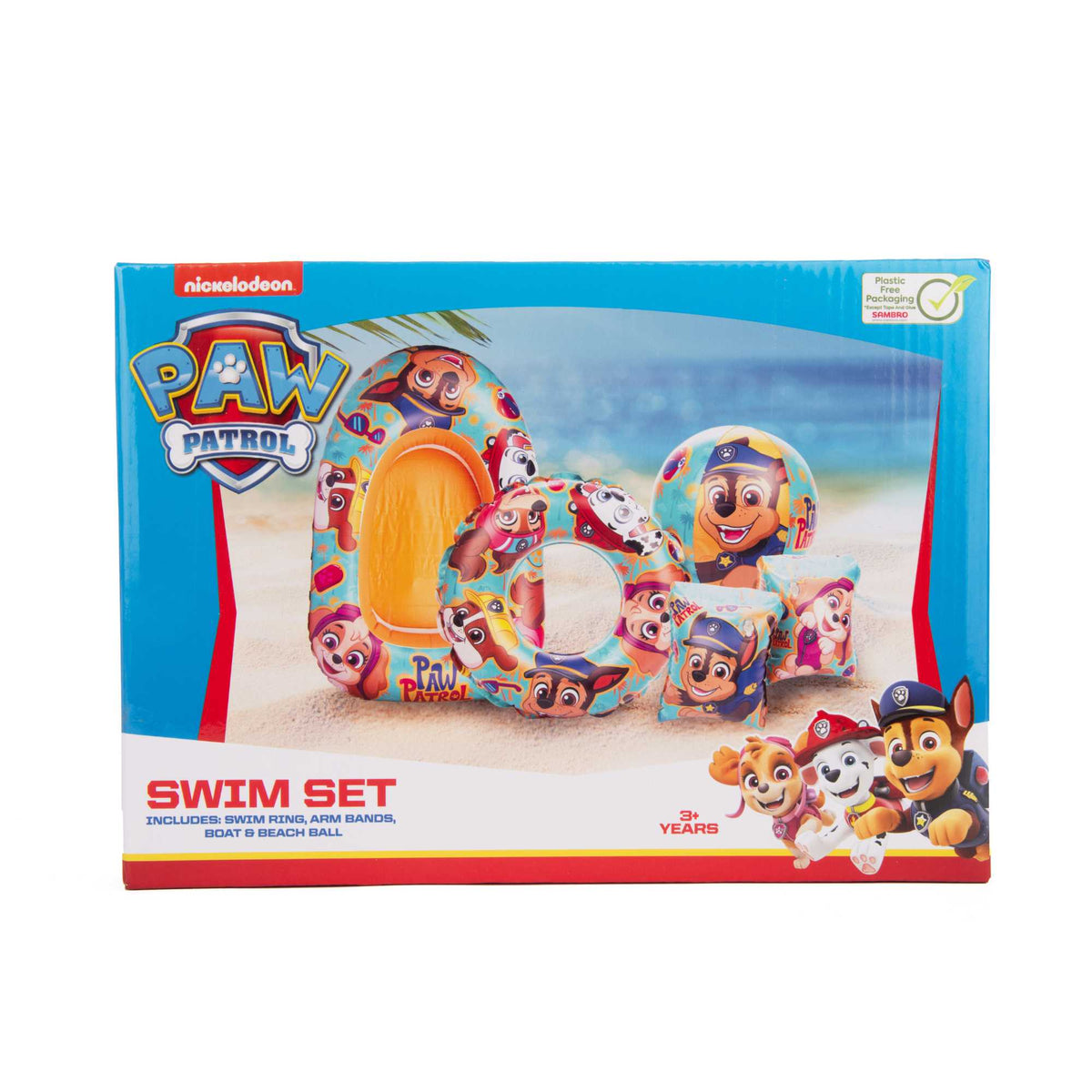 Paw Patrol Swim Set including a vibrant swim ring, armbands, inflatable beach ball, and boat, featuring colorful Paw Patrol designs, perfect for pool and beach fun for kids.