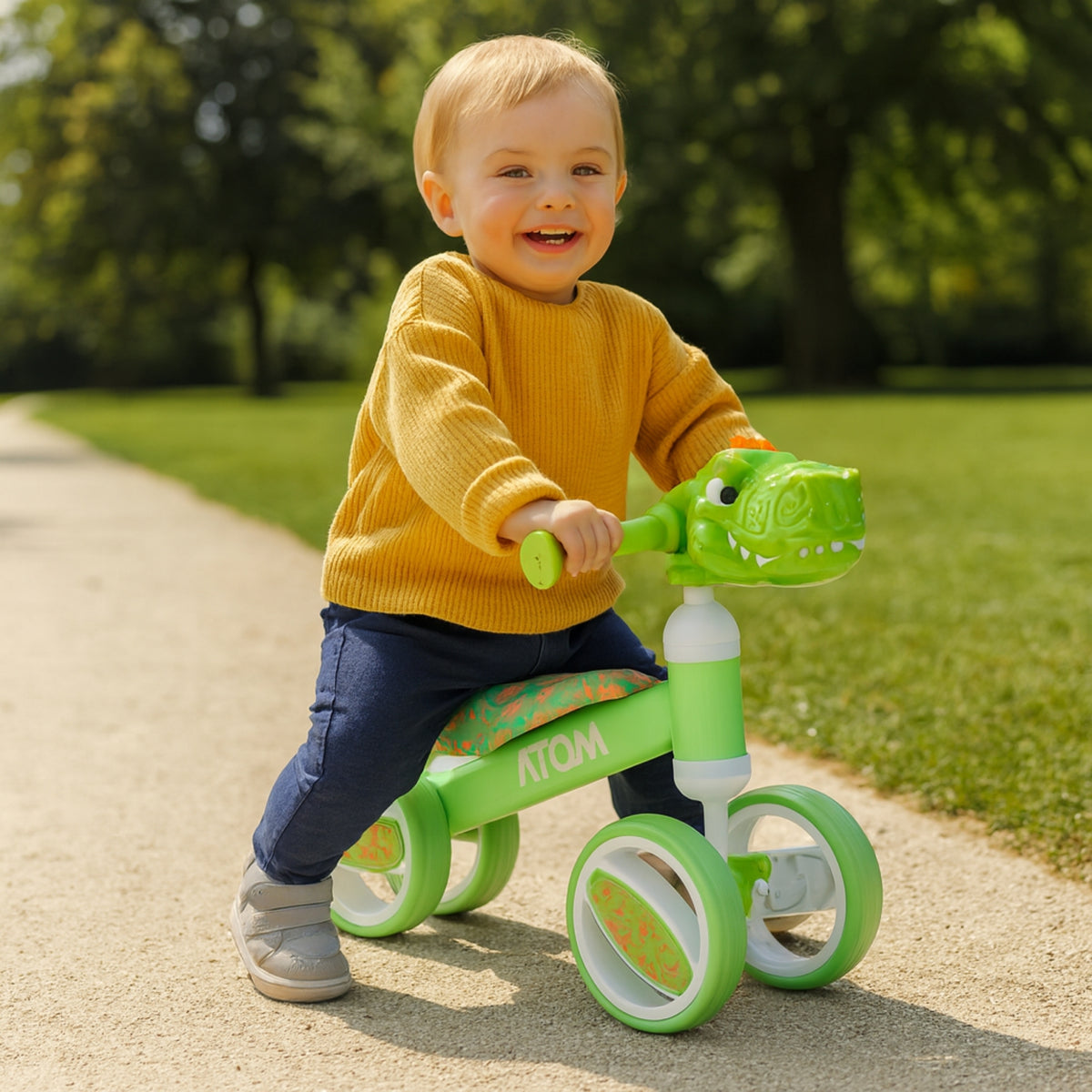 ATOM Childrens Bobble Bike - Green Dinosaur Balance Bike