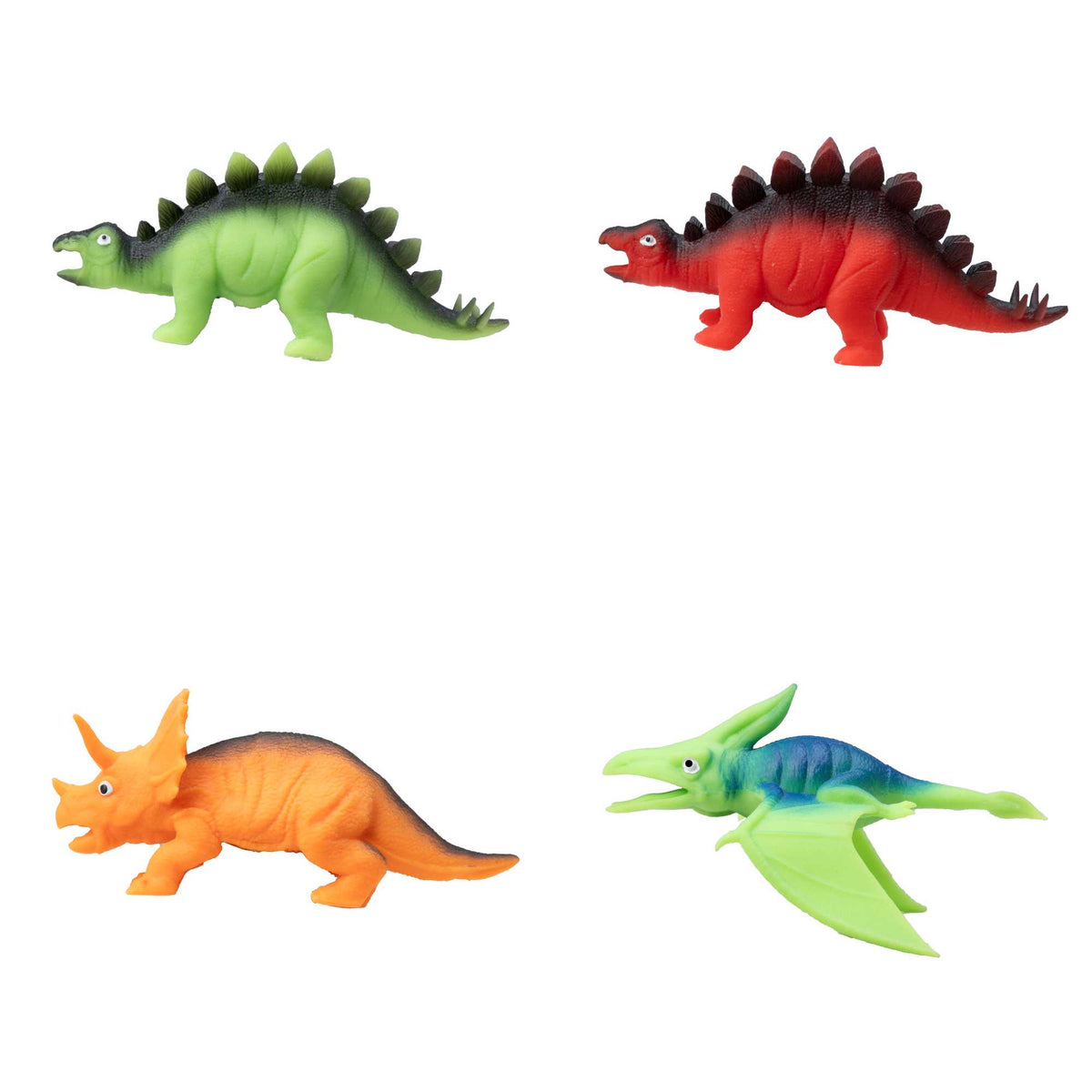 Image of Dino World Stretchy Saurus Assorted Fidget Toys - 24 Pack Fidget Toy Bumper Party Pack, featuring colourful, stretchy dinosaur figures in various poses, perfect for stress relief, sensory play, and party favours