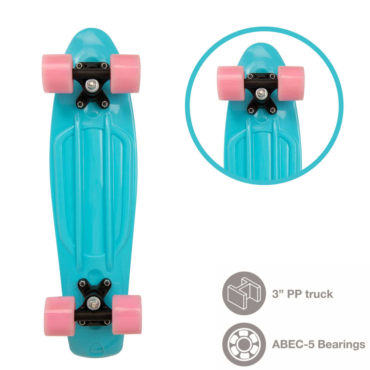 Children’s EVO 22-inch Penny Board in pink with light-up wheels, showcasing a compact design and vibrant retro style, perfect for young riders. The board features a textured grip surface and smooth, illuminated wheels that light up during movement. 