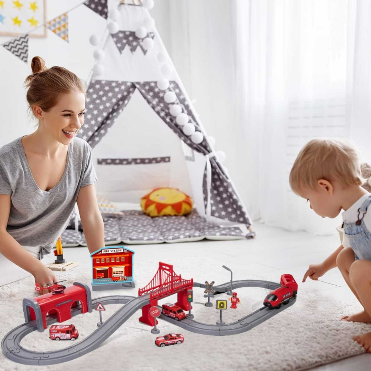 Fire Rescue Train Set – Kids Emergency Vehicle Playset with Fire Truck, Tracks &amp; Accessories for Imaginative Play