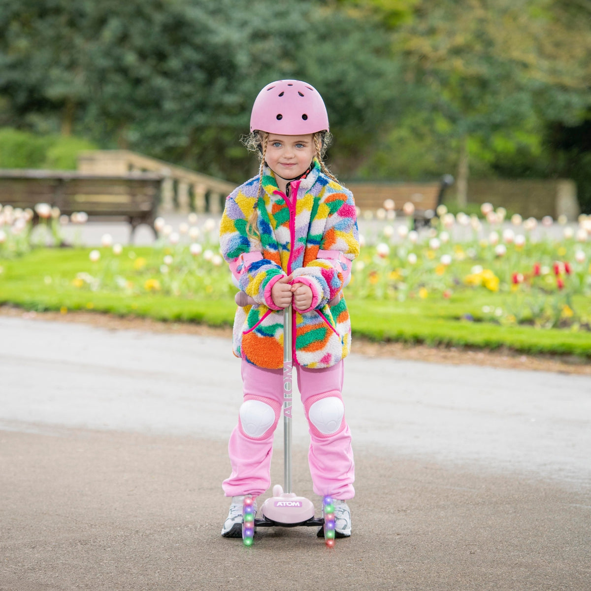 ATOM Light-Up Move &#39;N&#39; Groove Scooter in Pink – 3-Wheel Kids LED Scooter with Flashing Deck and Wheels for Ages 3+