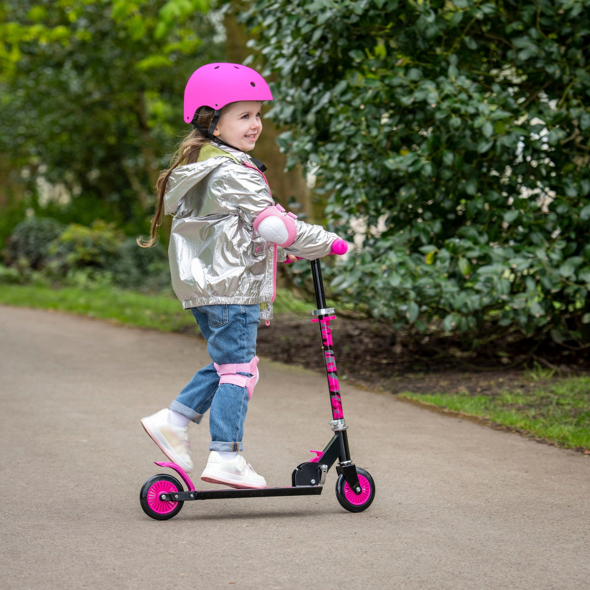 ATOM Light-Up Inline Scooter in Neochrome – 2-Wheel Folding Kids Scooter with LED Flashing Wheels, Adjustable Handlebar, and Rear Brake for Ages 5+