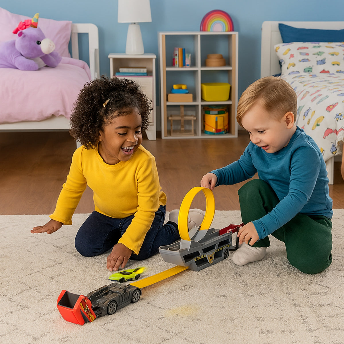 Kids Racing Toy – Teamsterz Launch &amp; Loop Transporter with Adjustable Track and Storage for 14 Cars