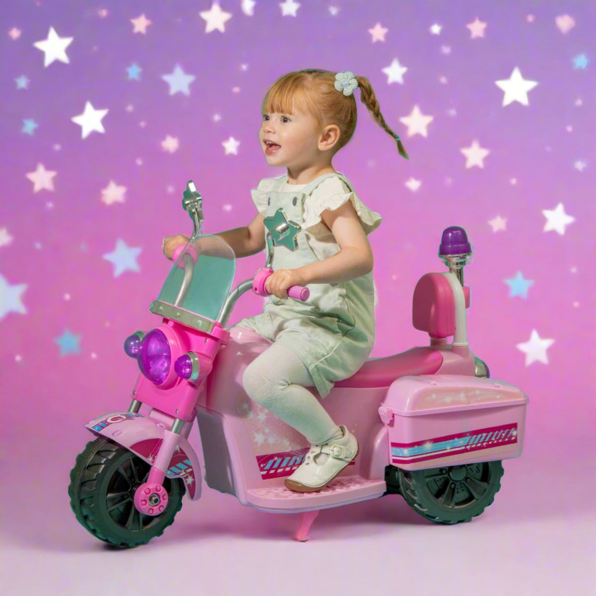 Image of the EVO Children&#39;s Electric Ride-On Shimmer Trike Toy. The trike is shown in an outdoor setting, highlighting its fun and adventurous appeal for young riders.