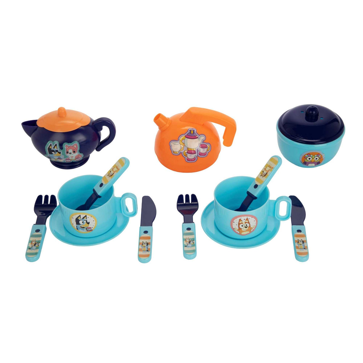 Bluey Tea Party Set for Kids – 11 Piece Pretend Play Set with Cups, Saucers, Teapot, Kettle, Cutlery, and Sugar Pot, Durable Plastic Play Set for Toddlers and Pre-schoolers