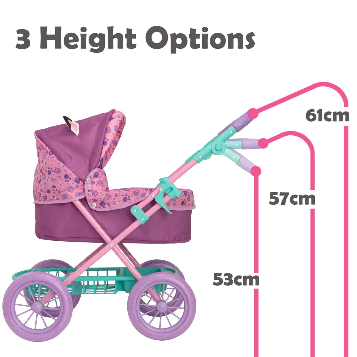 Adorable and colourful toy pram inspired by Gabby&#39;s Dollhouse, perfect for children to transport their favourite dolls and stuffed animals. Features include a sturdy frame, easy-to-push wheels, and playful designs with popular characters from the show. 
