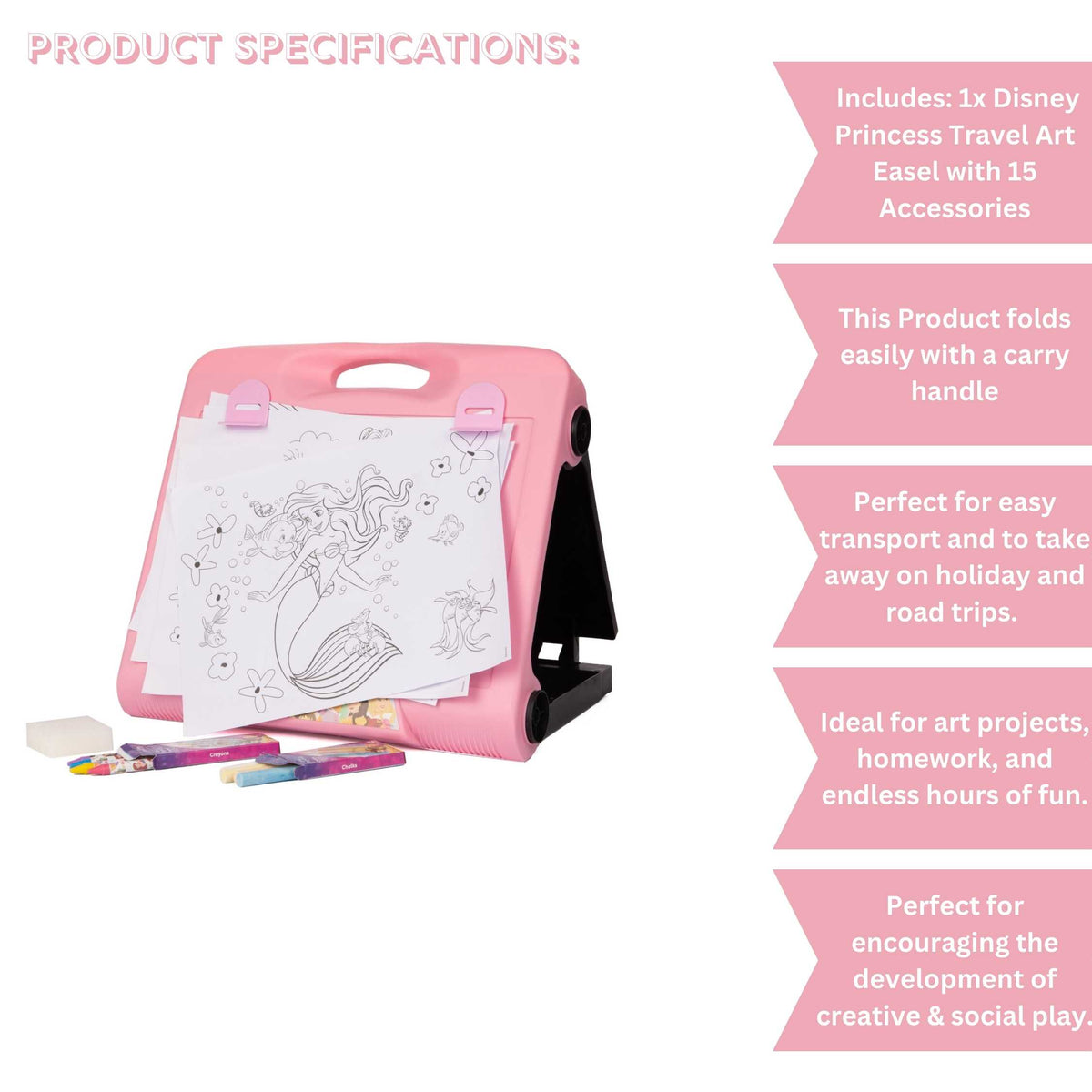 Disney Princess Art Easel featuring double-sided chalkboard and colouring pages with beloved Disney princess characters, and included art supplies for kids&#39; creative play and learning.