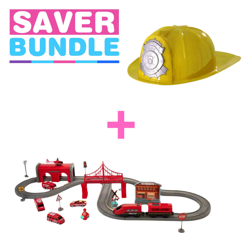 Fire Service Rescue Train Set + Childrens Fancy Dress Fireman Hats - Yellow