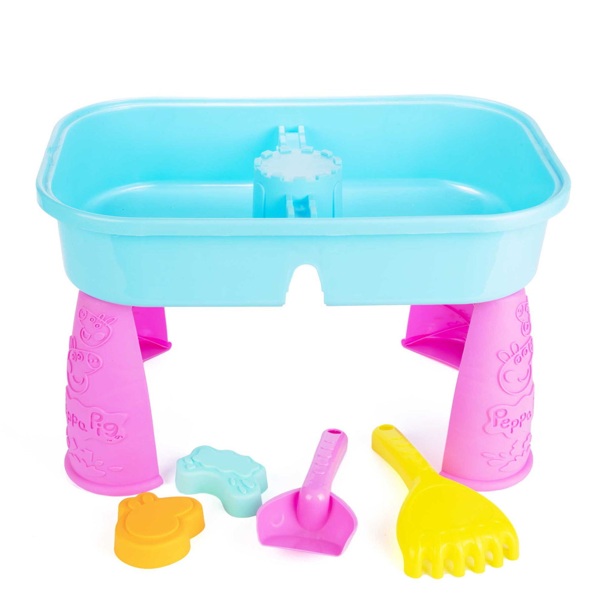 Peppa Pig Sand &amp; Water Play Table with fun accessories for kids, featuring separate sand and water compartments, perfect for outdoor sensory play and Peppa Pig fans.