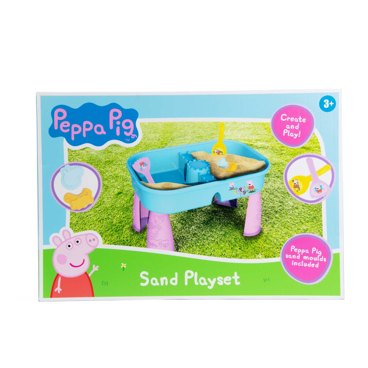 Peppa Pig Sand &amp; Water Play Table with fun accessories for kids, featuring separate sand and water compartments, perfect for outdoor sensory play and Peppa Pig fans.