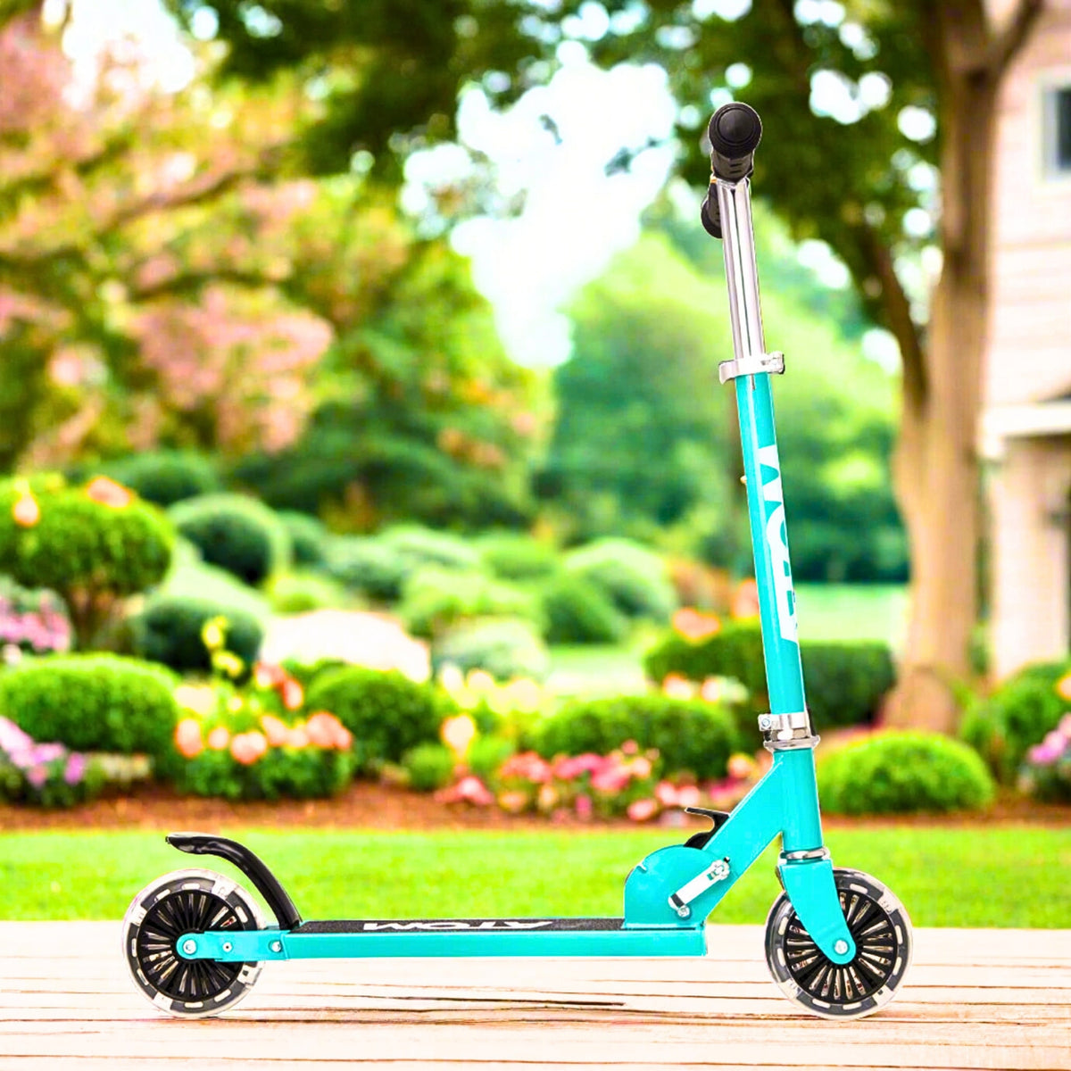 ATOM Light-Up Inline Scooter in Teal – 2-Wheel Folding Kids Scooter with LED Flashing Wheels, Adjustable Handlebar, and Rear Brake for Ages 5+