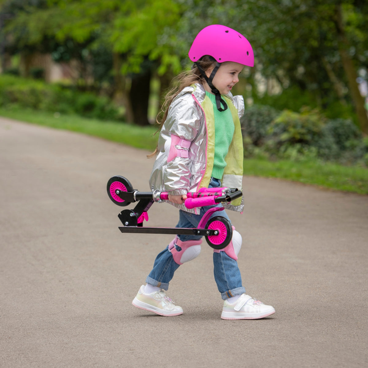 ATOM Light-Up Inline Scooter in Neochrome – 2-Wheel Folding Kids Scooter with LED Flashing Wheels, Adjustable Handlebar, and Rear Brake for Ages 5+