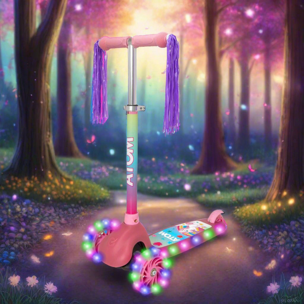 ATOM Eclipse Unicorn Light-Up Scooter for Kids – 3-Wheel LED Scooter with Flashing Deck and Colourful Wheels for Ages 5+.