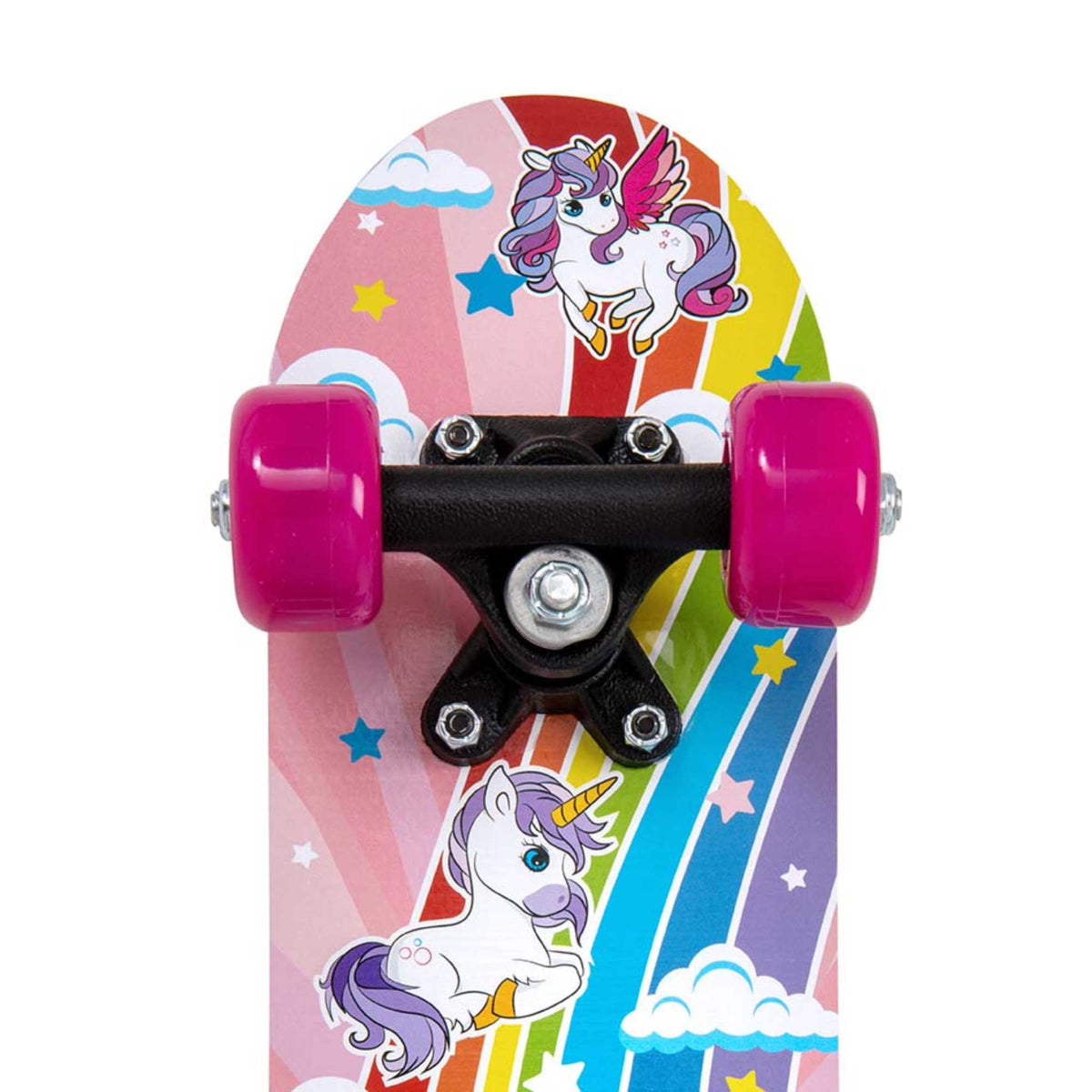 ATOM 17-inch Children&#39;s Skateboard with a vibrant graphic design, durable deck, and smooth-rolling wheels, ideal for young beginners learning to skateboard.