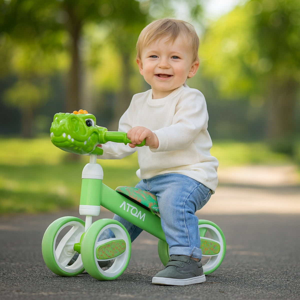 ATOM Childrens Bobble Bike - Green Dinosaur Balance Bike